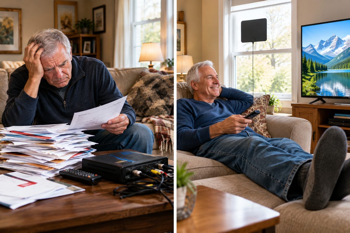 A flat, paper-thin indoor TV antenna stuck to a living-room window, a TV below showing the evening local news. A cable bill envelope lies on the coffee table.