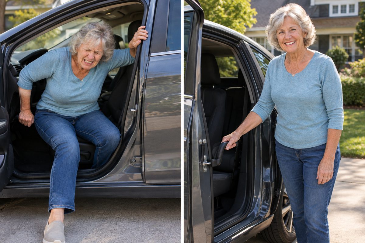 Side view of a woman in her 70s stepping out of a sedan, one hand pressing on a small grip handle that is hooked into the door latch. Driveway, afternoon sun.