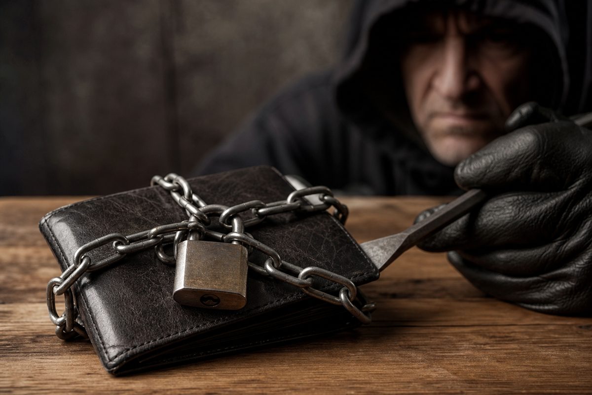 Overhead shot of a credit card and a driver's license on a table, wrapped in a thin chain with a small padlock. Clean, bright, a little tongue-in-cheek.