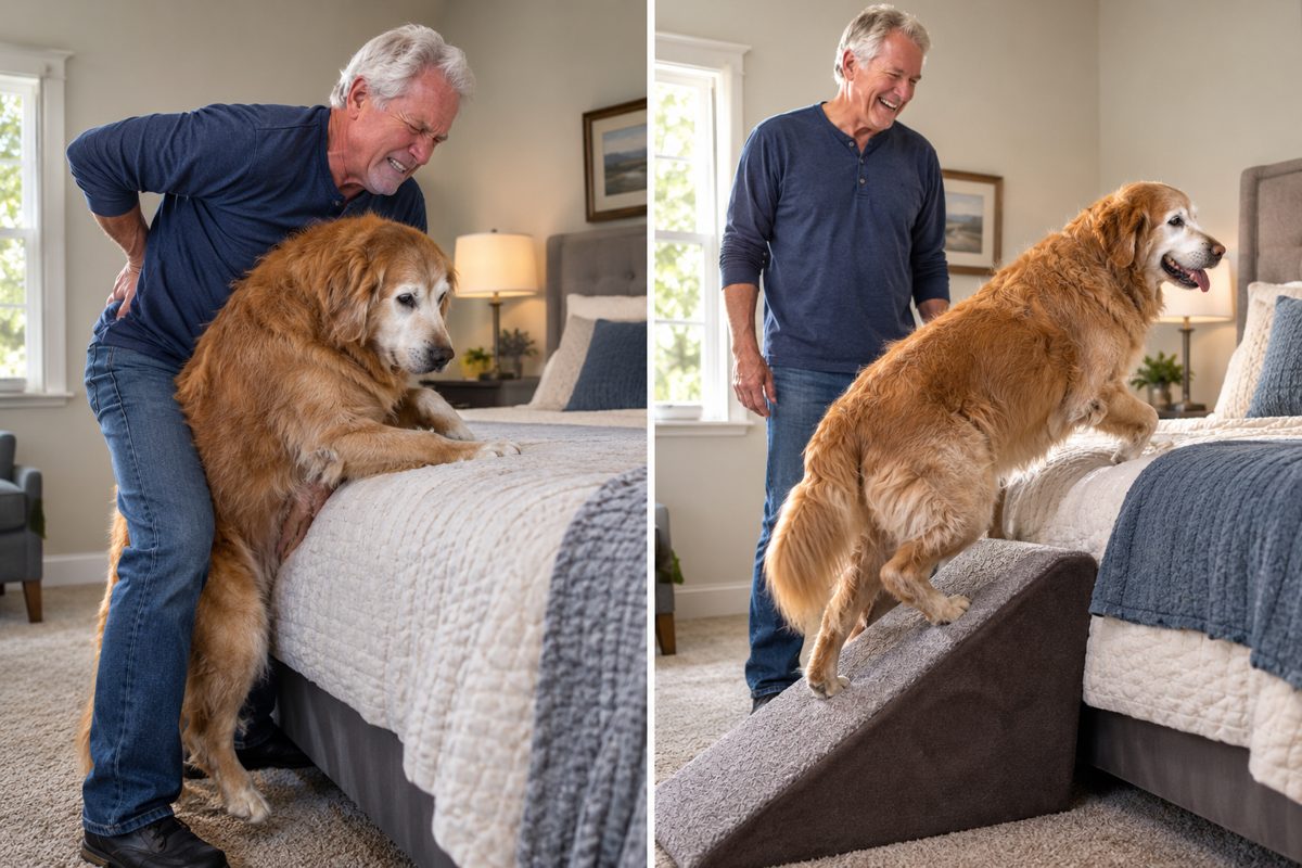 A gray-muzzled golden retriever walking up a carpeted ramp onto a sofa, tail mid-wag, while its owner in his late 60s watches and laughs.
