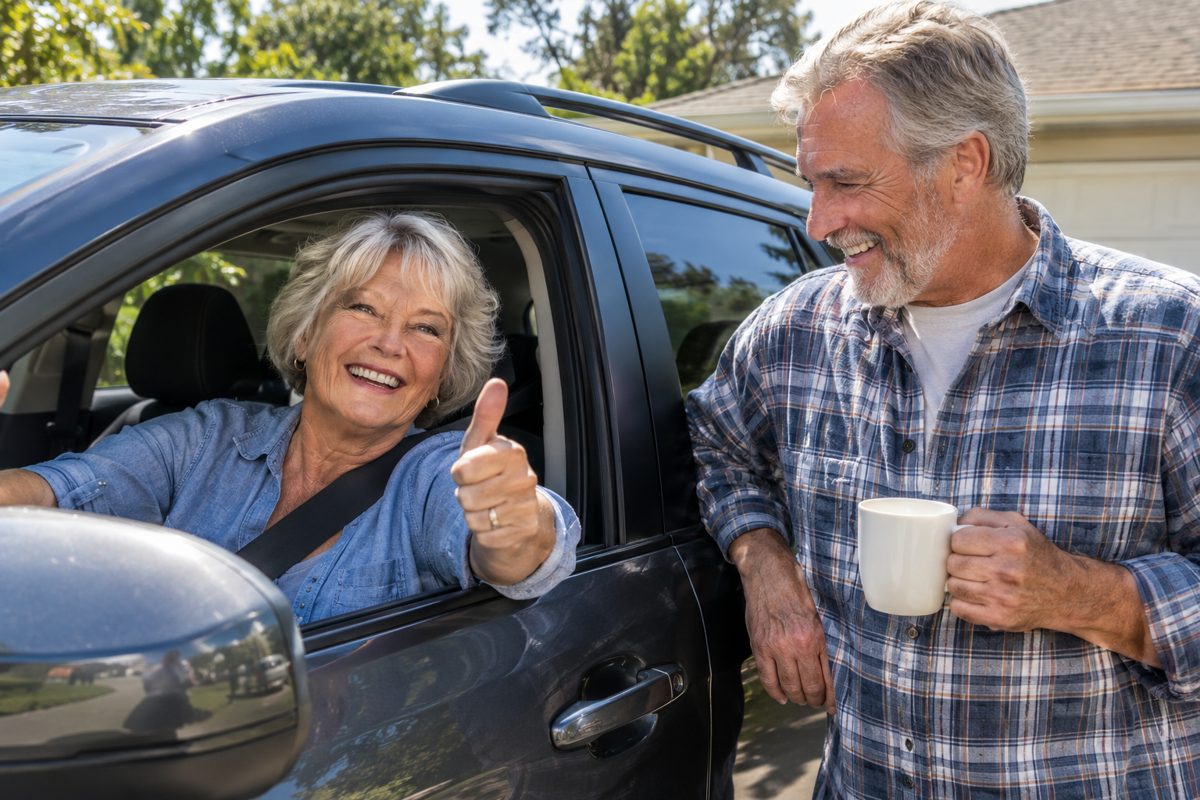 A couple in their 60s at the dining table, laptop open to an online course page, a printed completion certificate and car keys beside a coffee mug.