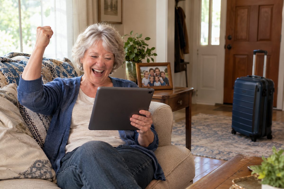 A woman in her 60s on the couch with a tablet, smiling at an email notification that reads "Price drop" over a flight to see the grandkids. Suitcase by the door.