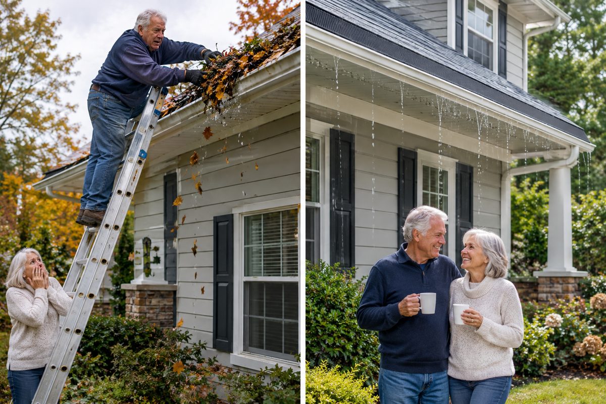 An aluminum extension ladder leaning against a two-story house, gutters overflowing with wet leaves. A man around 70 stands at the bottom, looking up and thinking better of it.