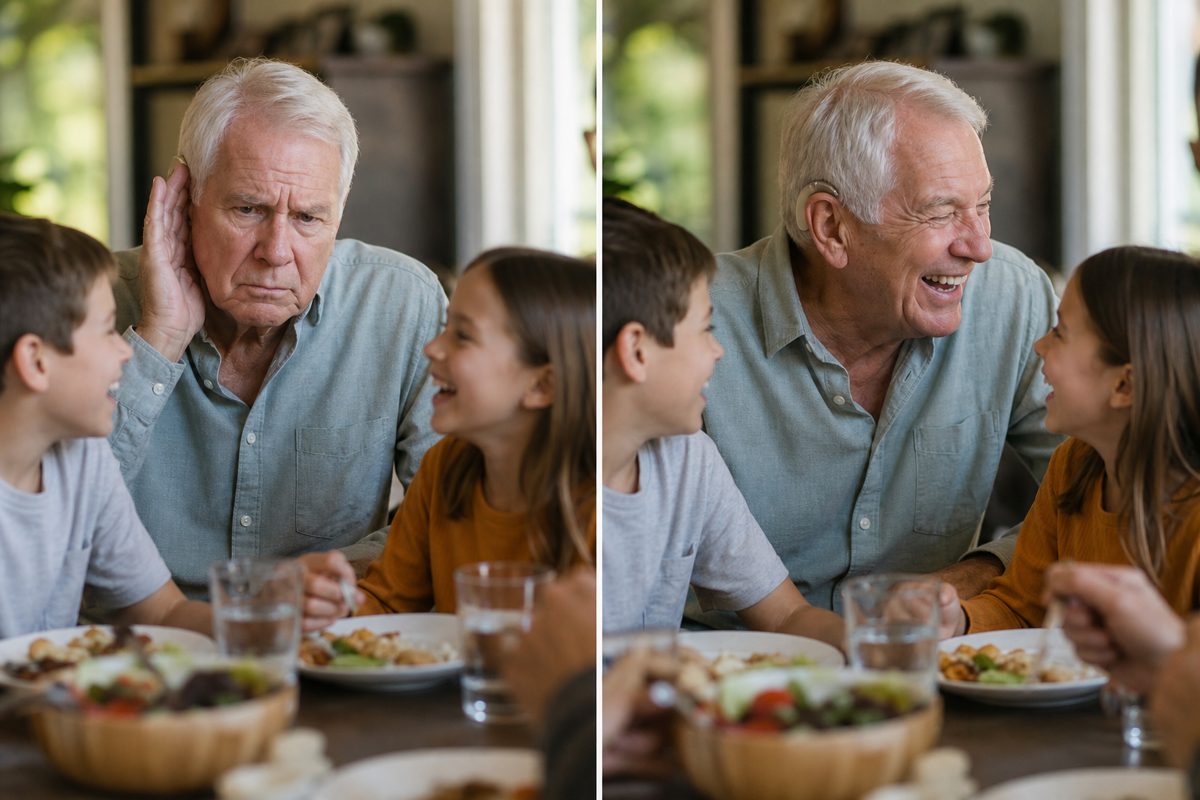 A man in his late 60s at a family dinner table, laughing with his grandkids, a tiny nearly invisible earpiece visible in one ear.