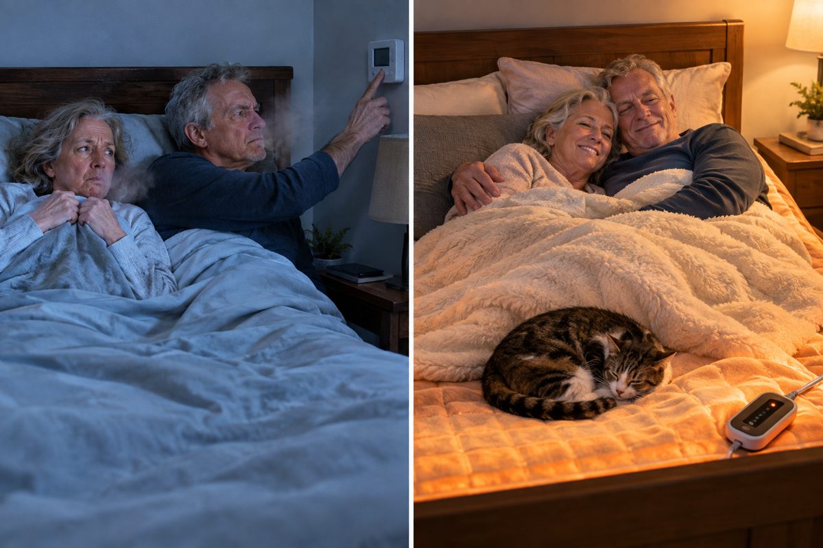 A cozy bed with a heated mattress pad control glowing on the nightstand, a thermostat on the wall behind set a few degrees lower. A cat curled on the quilt.