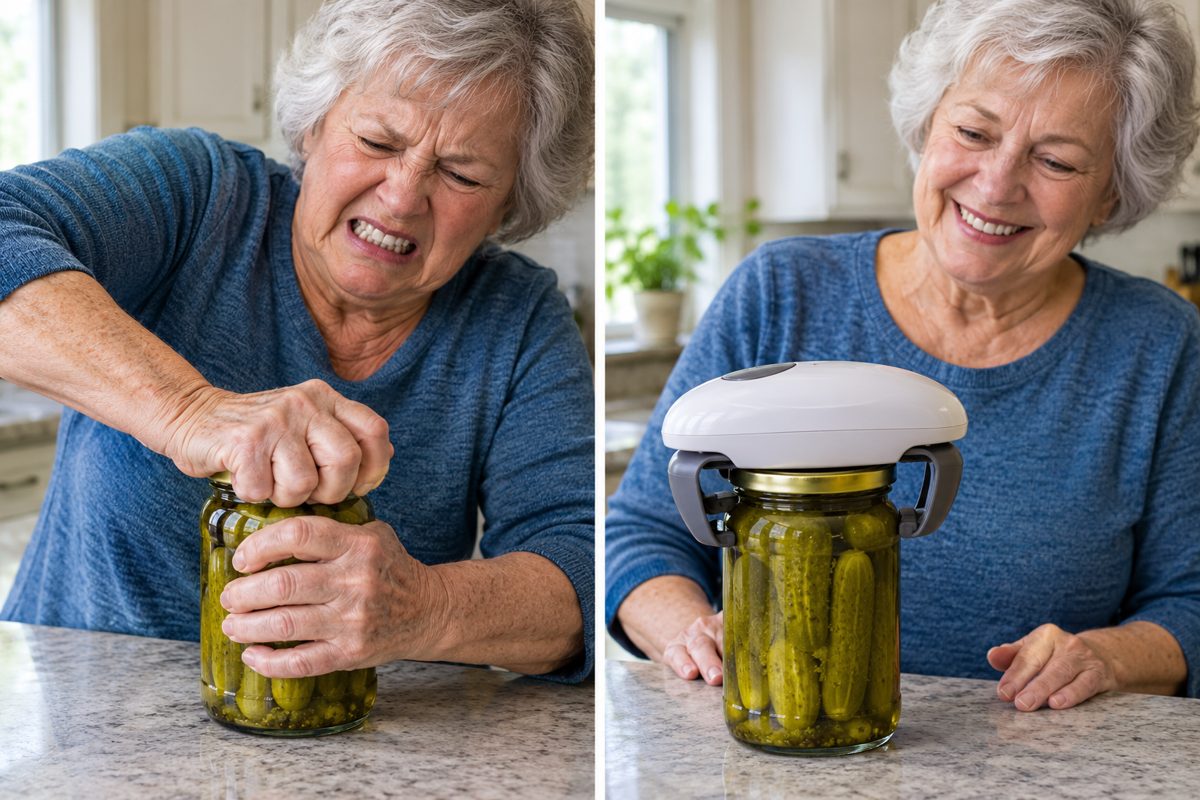 A countertop electric jar opener gripping a pickle jar lid on its own, while an older woman's hands rest on the counter beside it. Tight close-up, bright kitchen.