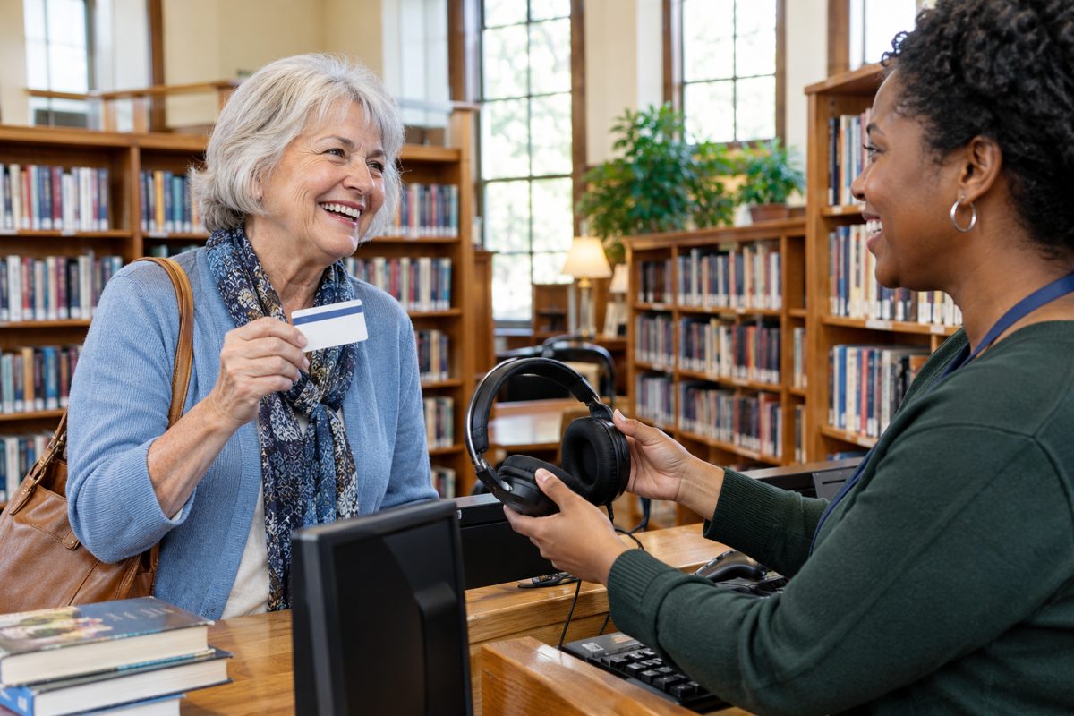 Close-up of a hand holding a plastic library card in front of a tablet showing a grid of movie posters and audiobook covers. Warm living-room lamp light.