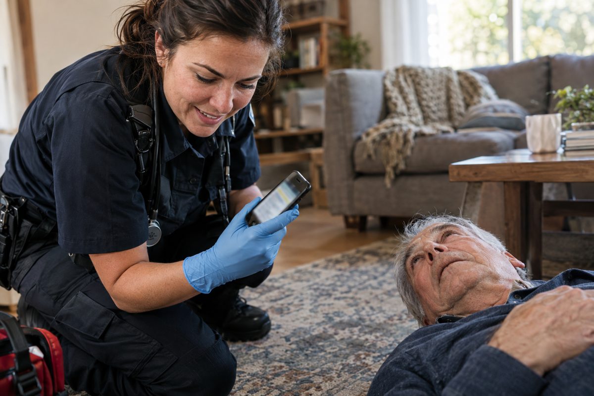 A paramedic's gloved hand holding a locked phone showing an emergency medical ID screen (allergies, medications, emergency contact), details blurred.