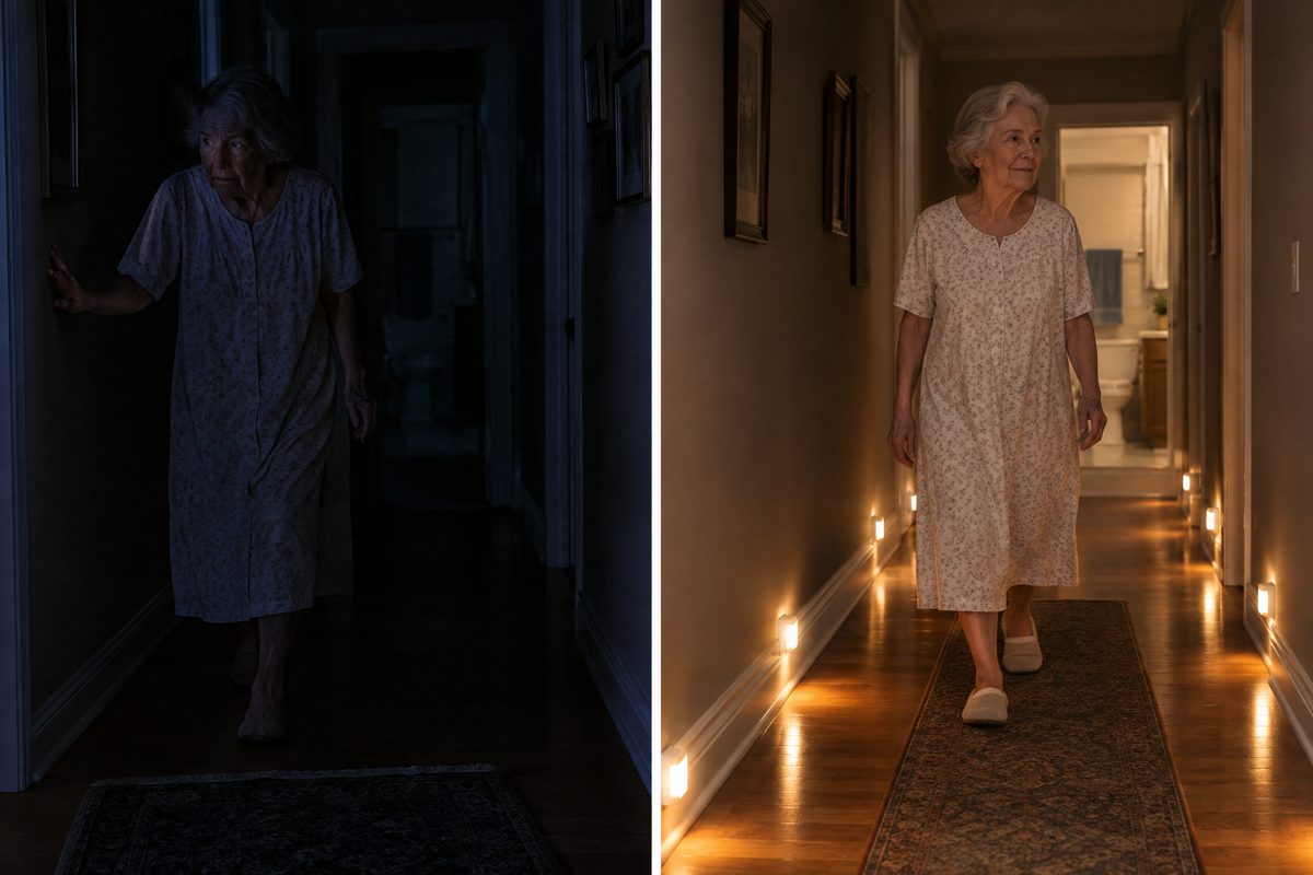A dark hallway at night with a soft glowing path of small plug-in lights along the baseboard leading to a bathroom door. Bare feet in slippers just entering the frame.