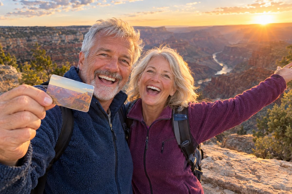 A silver-haired couple in fleece jackets at a national park overlook, the man holding up a plastic park pass card toward the camera, canyon behind them.