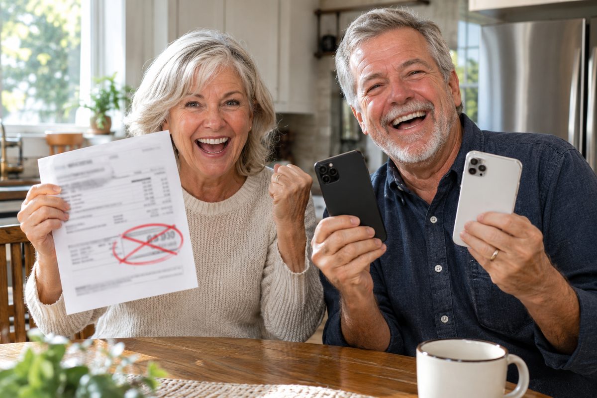 Two phones side by side on a table next to an old phone bill with the total circled in red pen. A hand holds a pen over a calculator.