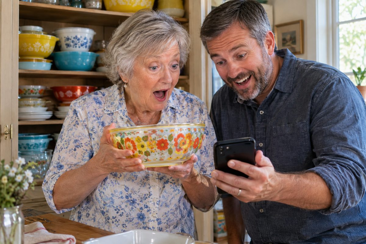 A kitchen cupboard shelf lined with colorful vintage patterned glass mixing bowls and casserole dishes. A phone in front shows a sold-listing price (blurred).