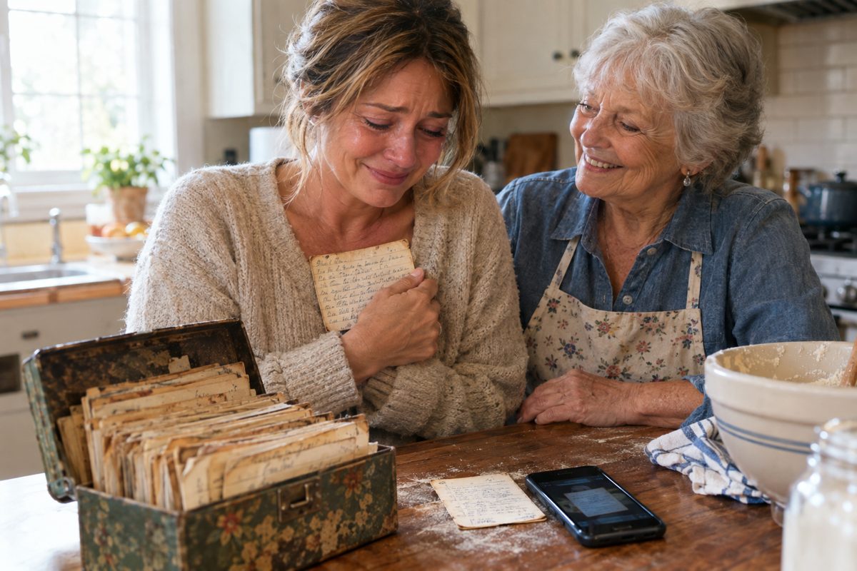A worn recipe box open on a counter, handwritten index cards fanned out, flour-dusted. A phone beside it is scanning one card. Soft window light.