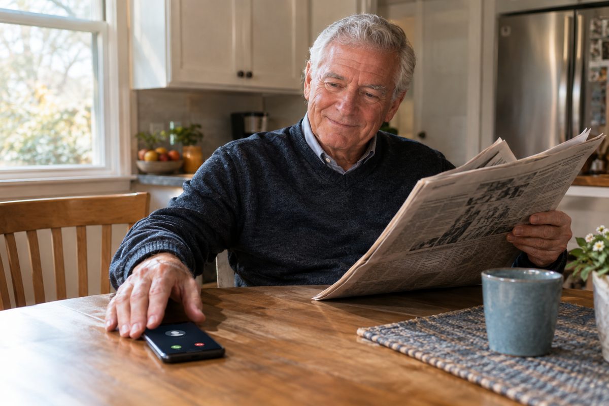 A smartphone face-up on a kitchen table showing "Unknown Caller" and a spam warning. A man in his late 60s looks at it over his reading glasses, unimpressed.
