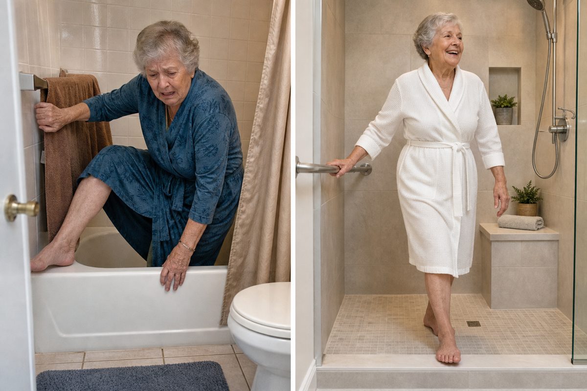 Before-and-after split: left, an old high-walled bathtub with a shower curtain; right, the same bathroom with a low-threshold walk-in shower, grab bar and built-in seat.
