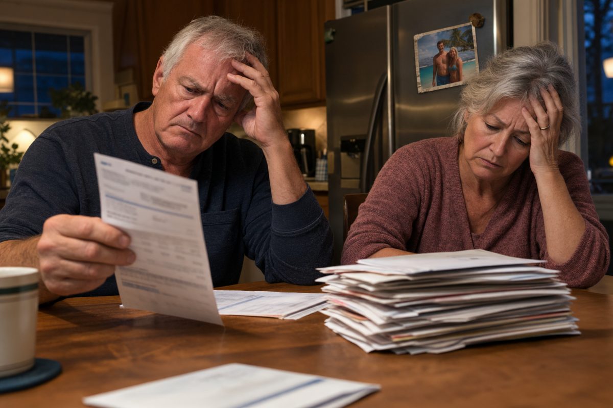 A couple around 68 at the kitchen table, looking at a resort maintenance-fee statement. Behind them on the fridge, a faded beach-resort photo from years ago. Honest, not staged-sad.