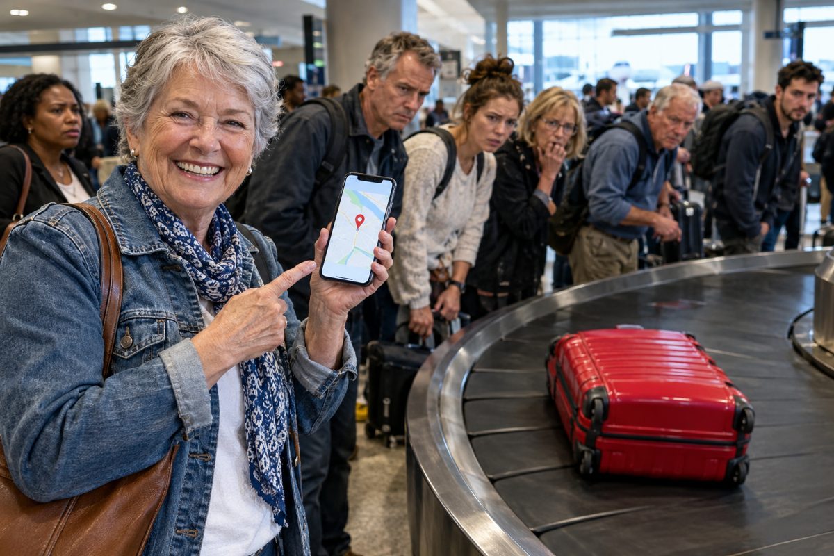 An airport baggage carousel. A woman in her 60s smiles at her phone, which shows a map pin labeled "Suitcase", as her red bag comes around the belt.
