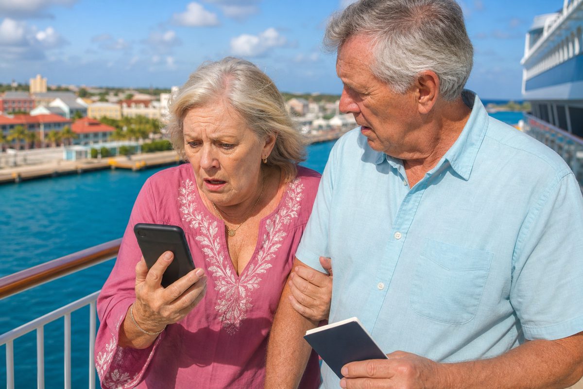 A couple in their 60s on a cruise ship deck, passports and a folded itinerary in hand, the man reading something on his phone with a slightly concerned look.