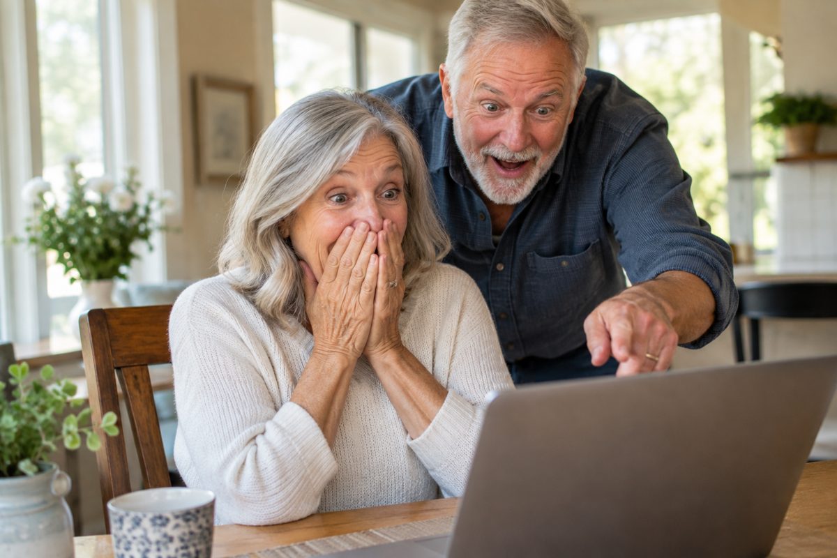 A woman around 65 at a laptop, hand over her mouth in surprise. On screen, a search results list with dollar amounts (blurred). Bright daytime kitchen.